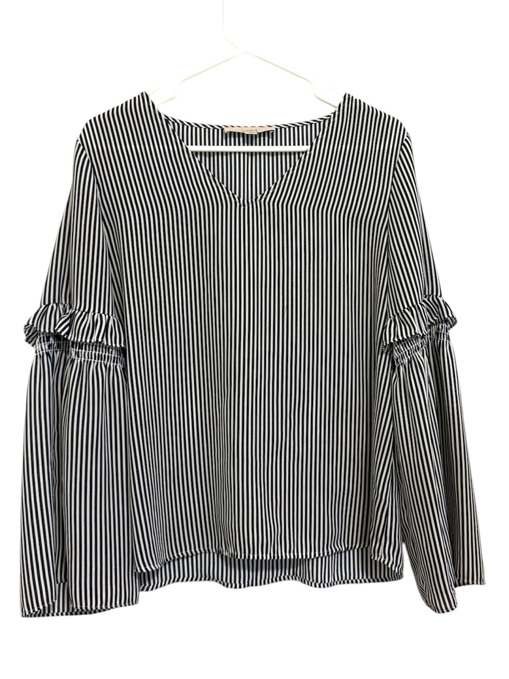 2/$30 LOFT Navy White Striped Bell Sleeve Blouse Size Small Boho Ruffle Top